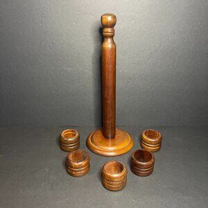 Vintage Retro Price Import Set of 5 Wooden Napkin Holder Rings & Stand 9.75"